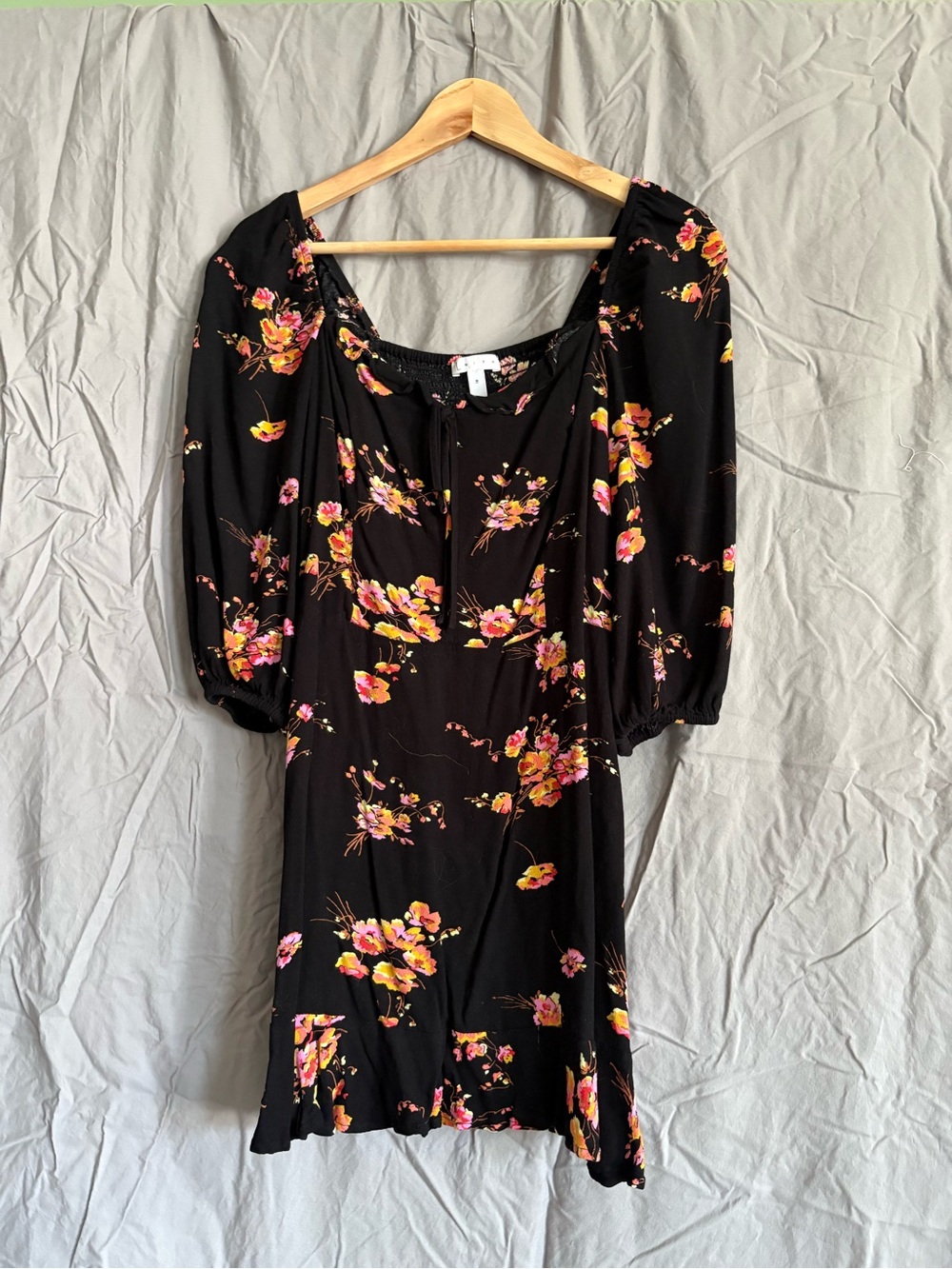 Black Floral Midi Dress with Puff Sleeves